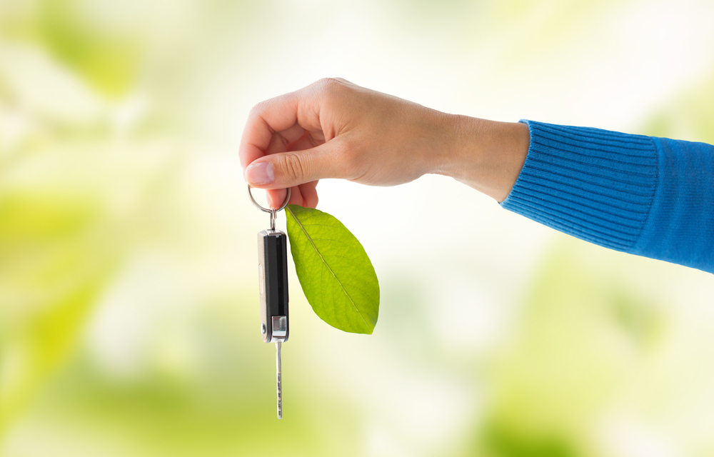 kunci mobil yang melekat pada daun yang mewakili mobil hybrid ramah lingkungan untuk disewa pribadi